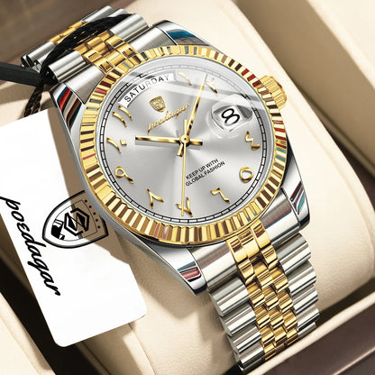 POEDAGAR Fashion High Quality Men Clock Waterproof Date Week Watch For Man Stainless Steel Luxury Quartz Men's Watches Reloj+Box