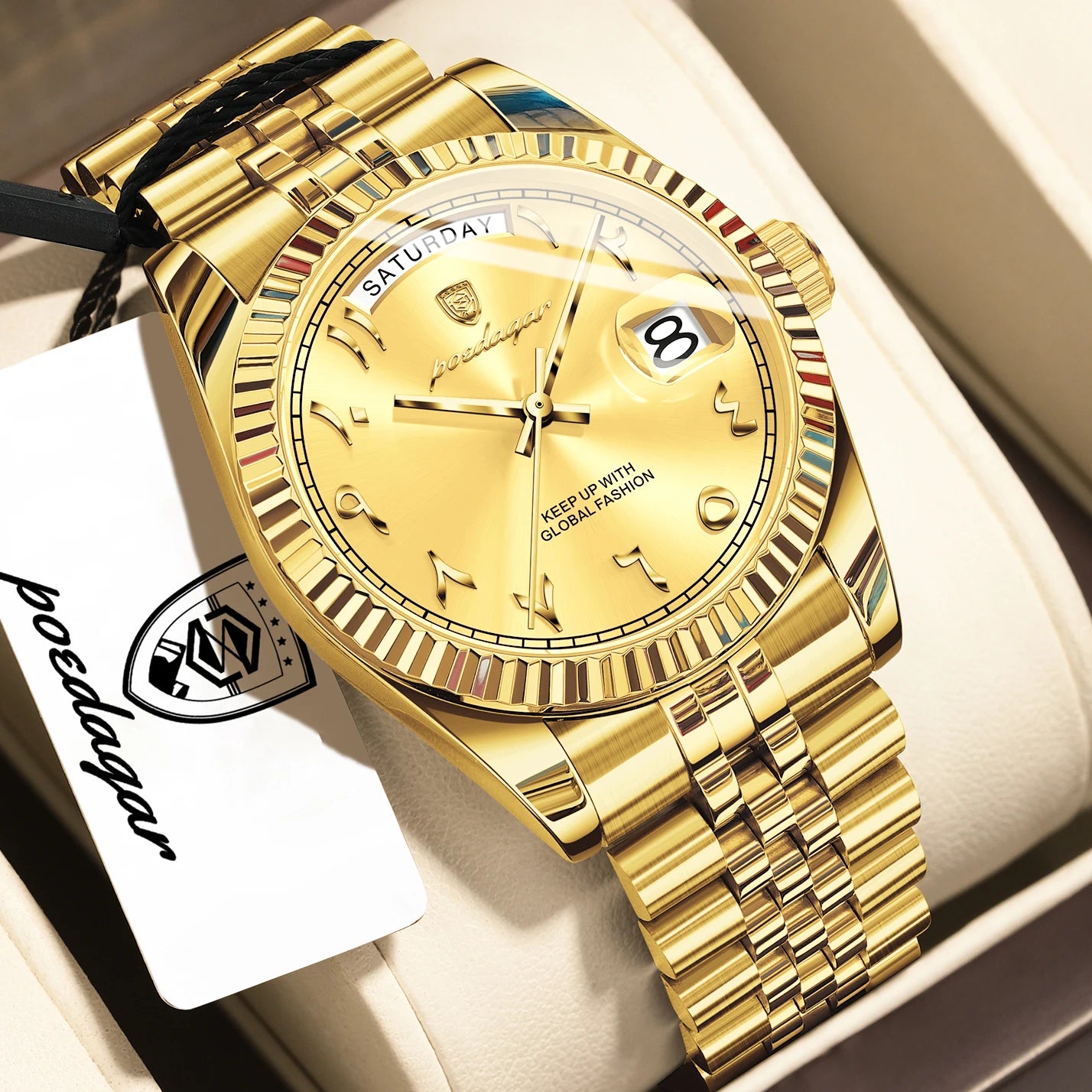POEDAGAR Fashion High Quality Men Clock Waterproof Date Week Watch For Man Stainless Steel Luxury Quartz Men's Watches Reloj+Box