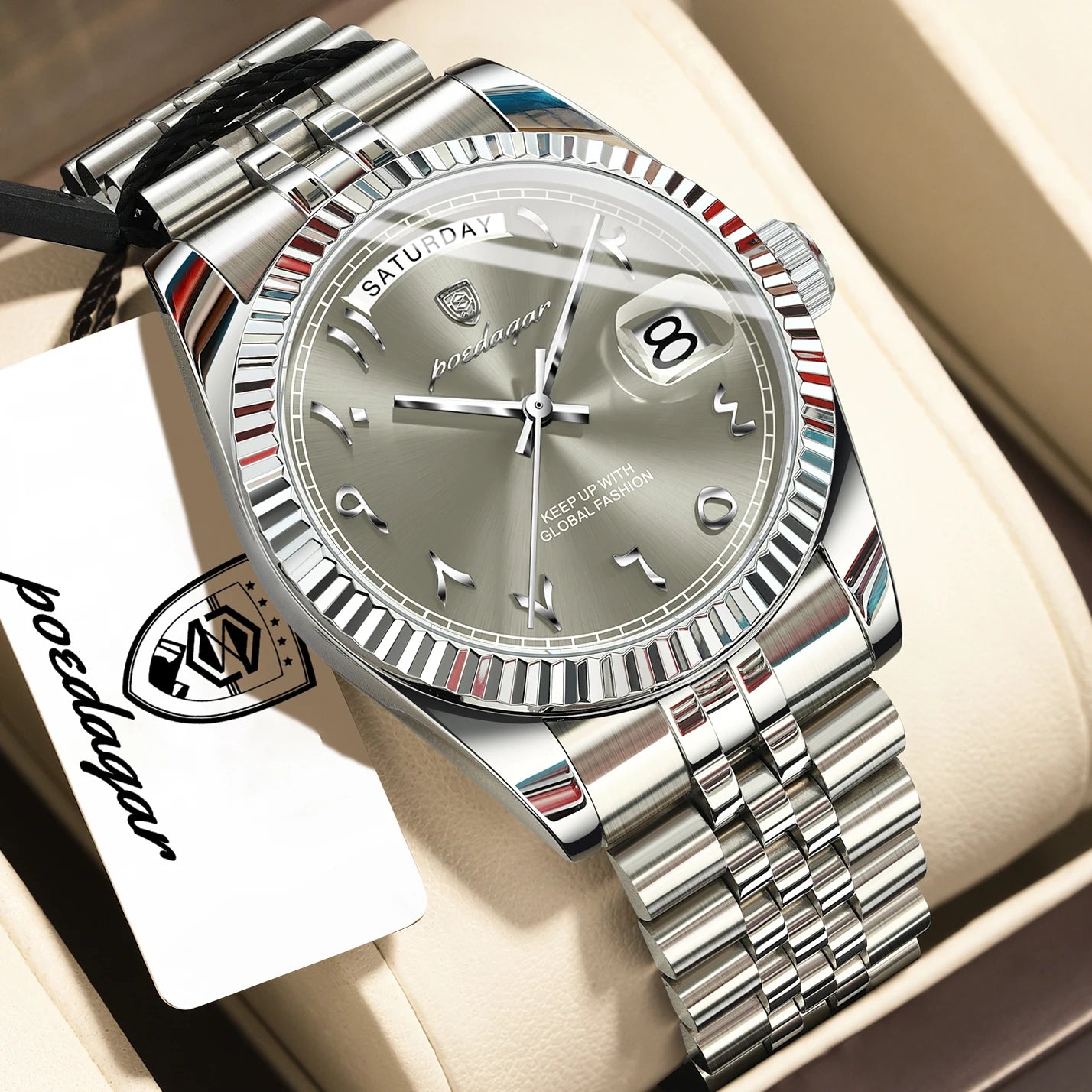 POEDAGAR Fashion High Quality Men Clock Waterproof Date Week Watch For Man Stainless Steel Luxury Quartz Men's Watches Reloj+Box