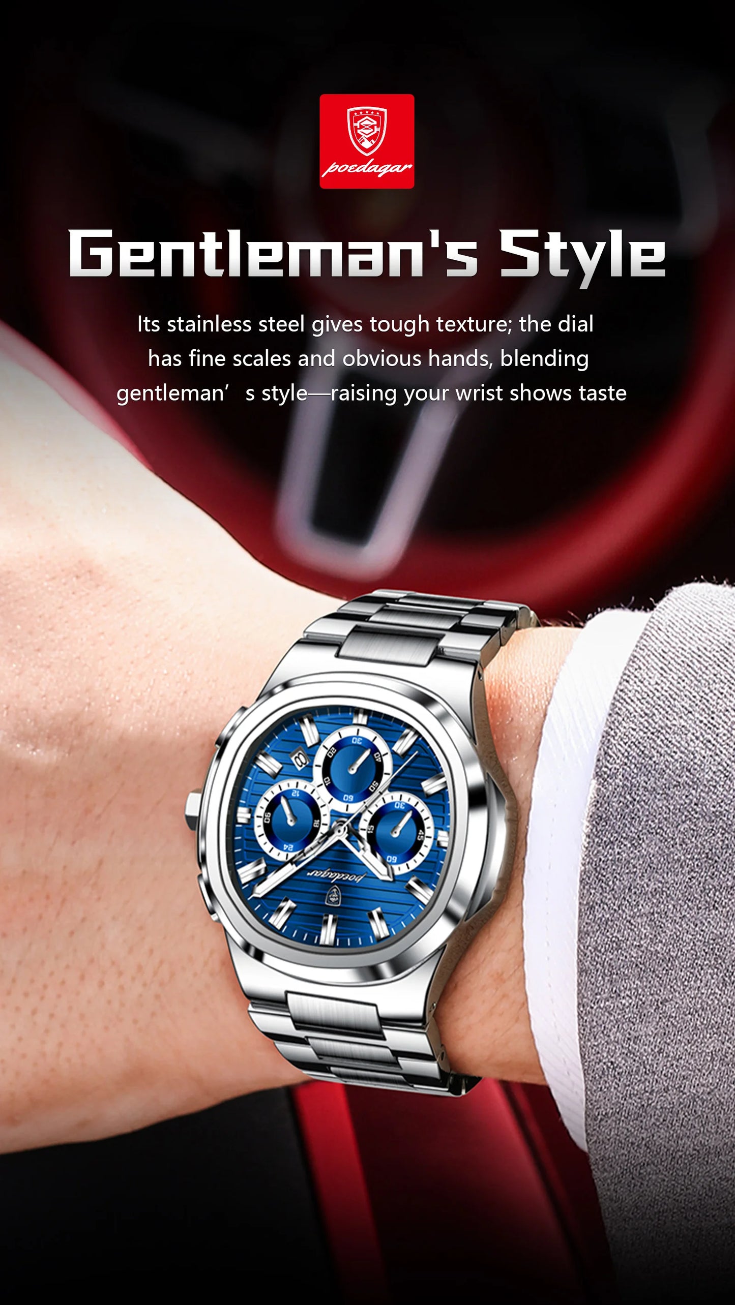 POEDAGAR Top High Quality Man Watch Luminous Waterproof Stainless Steel Men Clock Date Chronograph Quartz Business Men's Watches