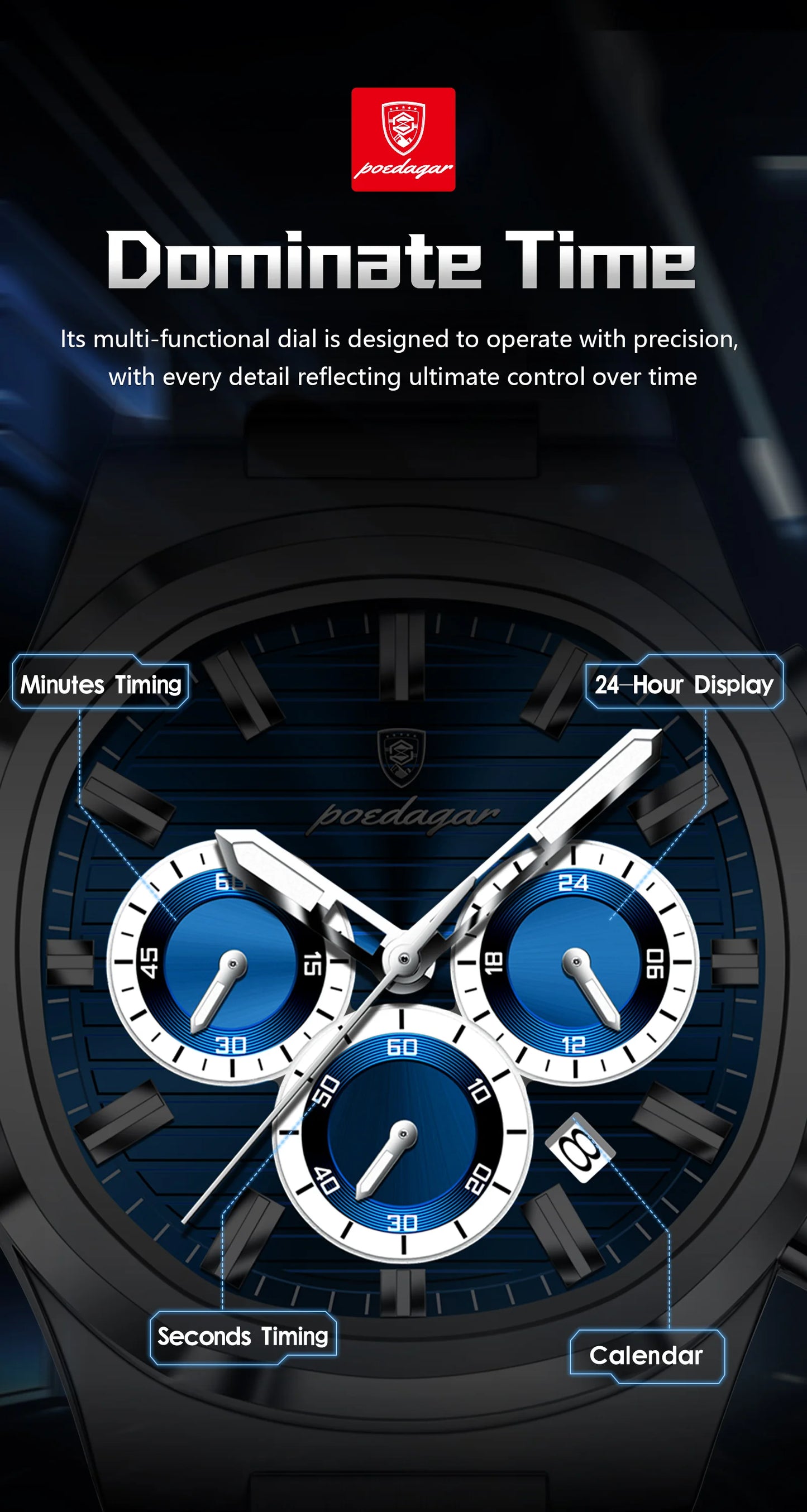 POEDAGAR Top High Quality Man Watch Luminous Waterproof Stainless Steel Men Clock Date Chronograph Quartz Business Men's Watches