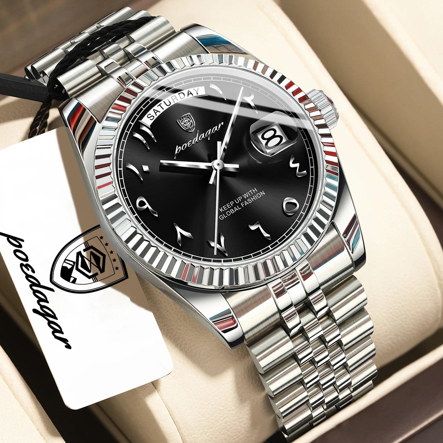 POEDAGAR Fashion High Quality Men Clock Waterproof Date Week Watch For Man Stainless Steel Luxury Quartz Men's Watches Reloj+Box