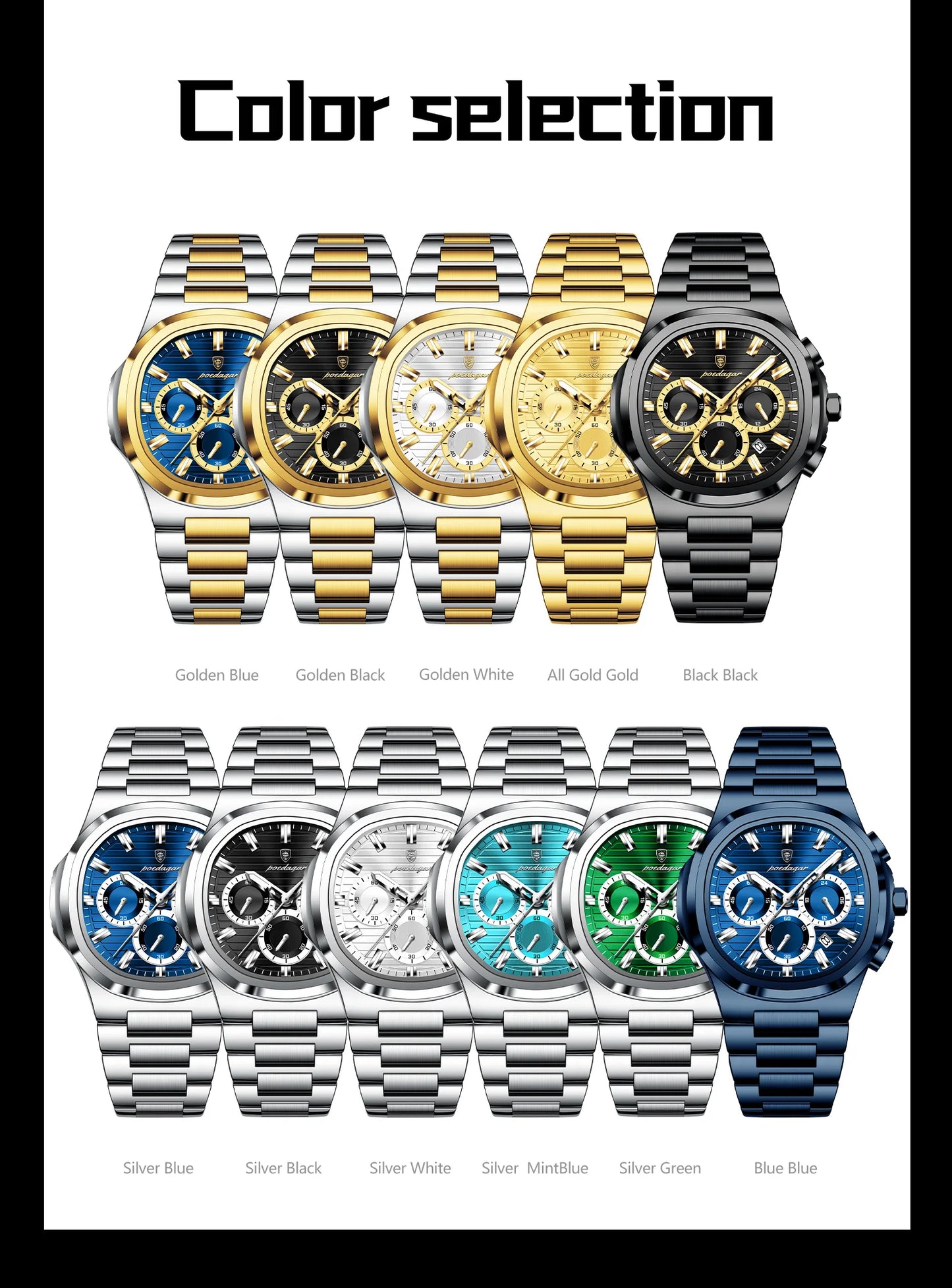 POEDAGAR Top High Quality Man Watch Luminous Waterproof Stainless Steel Men Clock Date Chronograph Quartz Business Men's Watches