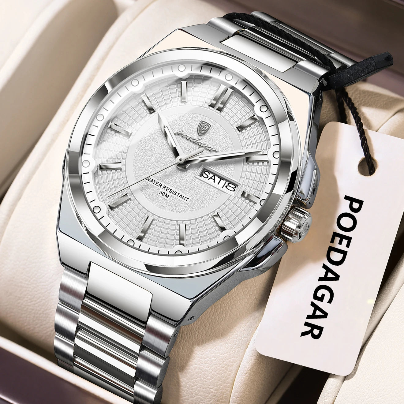 POEDAGAR Sport Original Men Clock Quartz Date Week Luxury Man Wristwatch Waterproof Luminous Stainless Steel Men's Watches Reloj