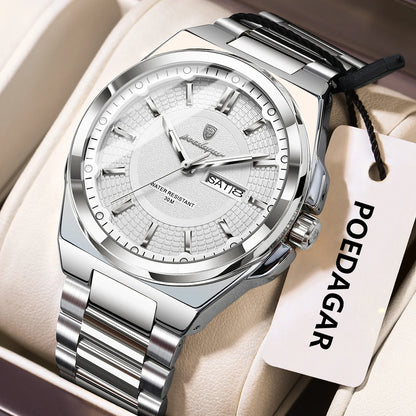 POEDAGAR Sport Original Men Clock Quartz Date Week Luxury Man Wristwatch Waterproof Luminous Stainless Steel Men's Watches Reloj