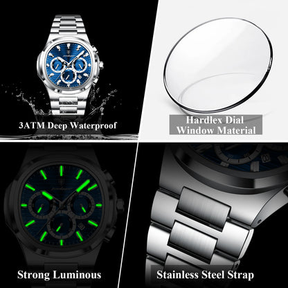 POEDAGAR Top High Quality Man Watch Luminous Waterproof Stainless Steel Men Clock Date Chronograph Quartz Business Men's Watches