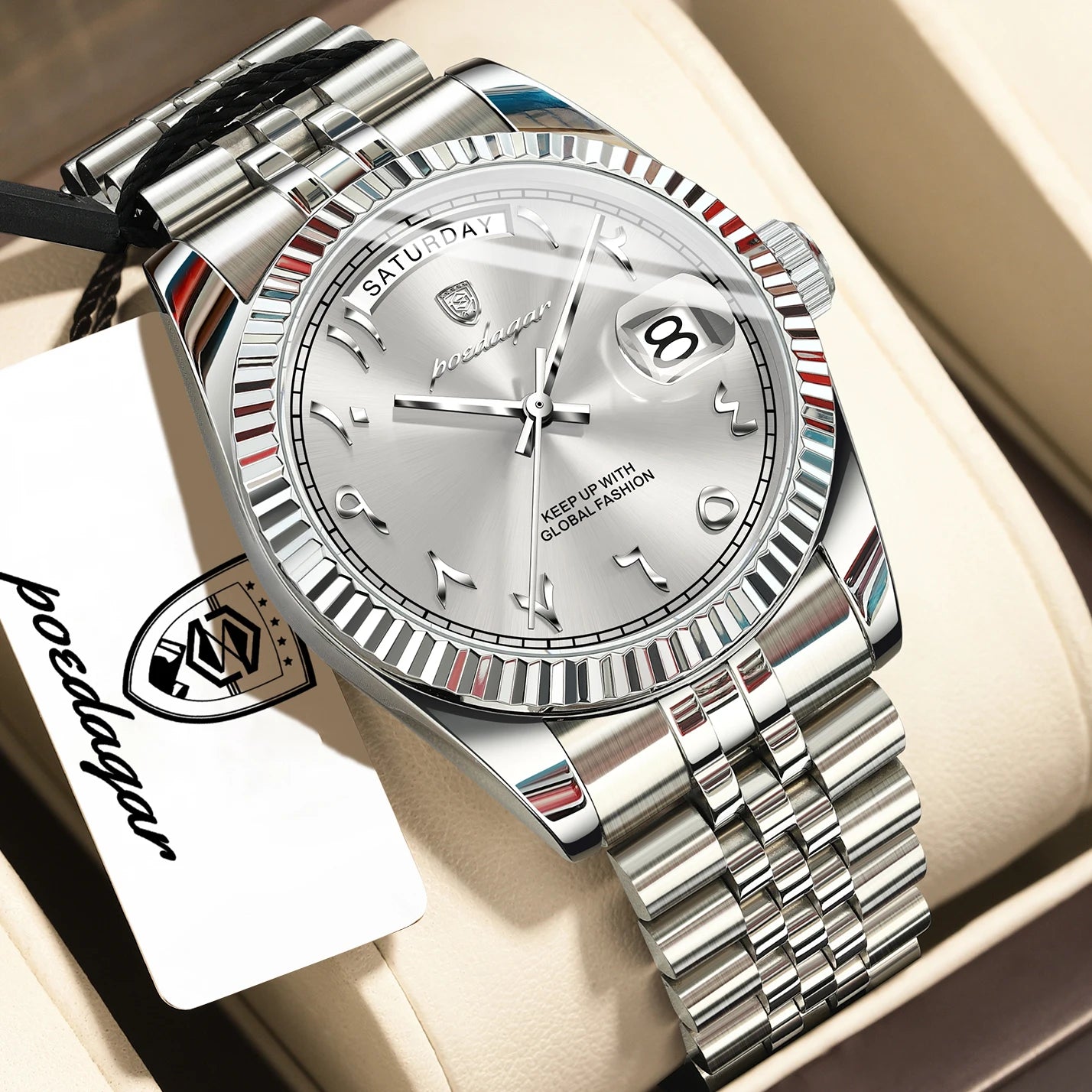 POEDAGAR Fashion High Quality Men Clock Waterproof Date Week Watch For Man Stainless Steel Luxury Quartz Men's Watches Reloj+Box